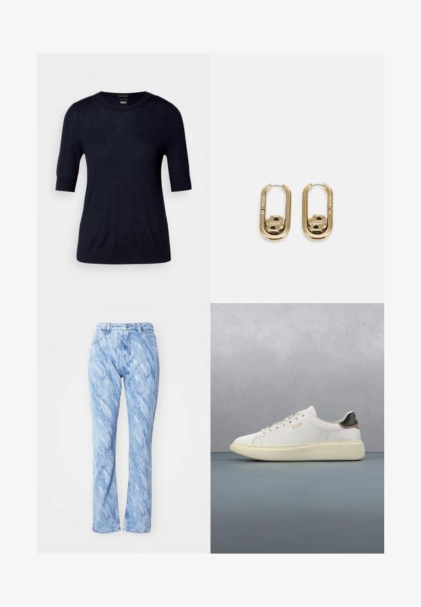Pull bleu marine à manches courtes en tissu tricot léger. Il présente un col rond et une finition côtelée pour un look ajusté.; Jean en denim bleu clair avec un motif ondulé et marbré, dotés d'une taille haute, de jambes droites, de cinq poches et d'une fermeture à boutons.; Basket blanche avec un upper en cuir lisse, dotée d'une languette de talon en cuir beige et noir, de lacets ronds et d'une semelle en caoutchouc beige épaisse. Détail du logo doré.; BOSS DOUBLE B SWING - Boucles d'oreilles - gold-coloured
