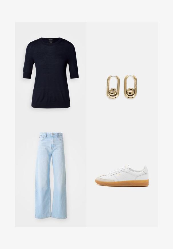 Marineblå kortærmet sweater lavet af let strikket stof. Har en rund halsudskæring og ribbede kanter for en tætsiddende look.; Lyseblå bredbensbukser lavet af denim, med høj talje, forlommer, knaplukning og syet kantdetalje.; Hvide lædersneakers med beige ruskindsdetaljer, gummisål og snøredesign. Har diskret branding i guld.; BOSS DOUBLE B SWING - Øreringe - gold-coloured