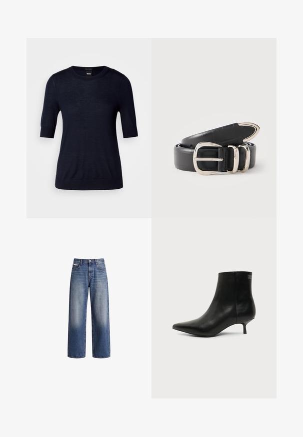 Marineblå kortærmet sweater lavet af let strikket stof. Har en rund halsudskæring og ribbede kanter for en tætsiddende look.; Blå bredbenede denimjeans med falmet vask, knap- og lynlås-lukning samt lommer foran og bagpå.; Sort læder ankelstøvle med spids tå og lav kitten hæl på lys baggrund, der viser yderside.; Sort læderbælte med krokodilletekstur, sølvmetalspænde og to bæltestropper, snoet på en hvid baggrund.