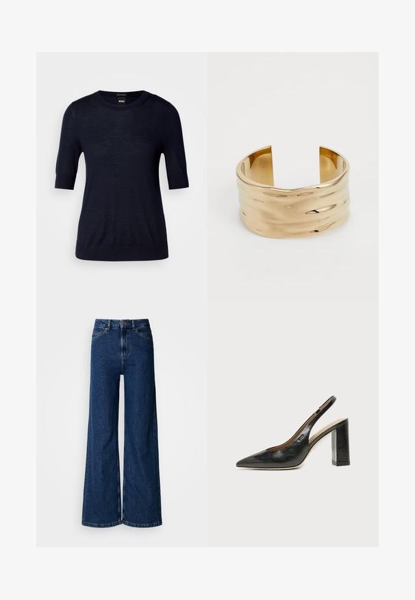 Navyblaues Kurzarm-Pullover aus leichtem Strickstoff. Mit Rundhalsausschnitt und geripptem Saum für eine schmale Passform.; Weit geschnittene Jeans in dunkler Waschung aus Denim, mit hoher Taille, klassischem Fünf-Taschen-Design und dezenten Steppnähten entlang der Nähte.; Schwarzer Leder-Slingback-Schuh mit spitzer Kappe, hohem Blockabsatz und beigegefüttertem Innenraum vor hellem, einfarbigem Hintergrund.; Gold cuff-Armband mit einem wellenförmigen Design, glatter Textur und offenen Enden. Die reflektierende Oberfläche zeigt sanfte Kurven und subtile Lichtreflexionen.
