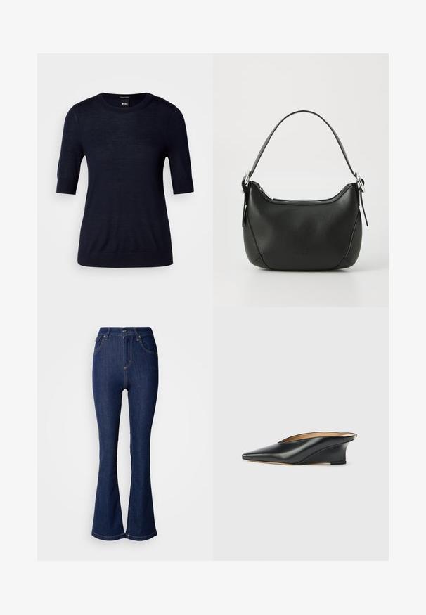 Navyblaues Kurzarm-Pullover aus leichtem Strickstoff. Mit Rundhalsausschnitt und geripptem Saum für eine schmale Passform.; Dunkelblaue Schlagjeans aus Denim mit hoher Taille, mit Fronttaschen, kontrastierendem Nähen und Knopfverschluss.; Schwarzer Keilschuh aus Lackleder mit spitzer Schuhspitze und offenem Fersenbereich, zeichnet sich durch ein elegantes, geschwungenes Design und minimalistischen Stil aus.; Schwarze Ledertasche mit geschwungener Form, silbernem Reißverschluss und kurzem Griff. Verfügt über ein dezentes Logo auf der Vorderseite und eine glatte Textur.
