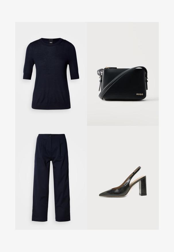 Pull bleu marine à manches courtes en tissu tricot léger. Il présente un col rond et une finition côtelée pour un look ajusté.; Pantalon bleu marine à jambes larges avec une texture lisse, doté d'une fermeture à boutons sur le devant et de plis pour plus de détails.; Chaussure slingback en cuir noir à bout pointu avec un talon bloc haut et une doublure intérieure beige sur un fond clair uni.; Sac bandoulière rectangulaire en cuir noir avec sangle réglable et logo doré "HUGO" dans le coin avant sur fond uni.