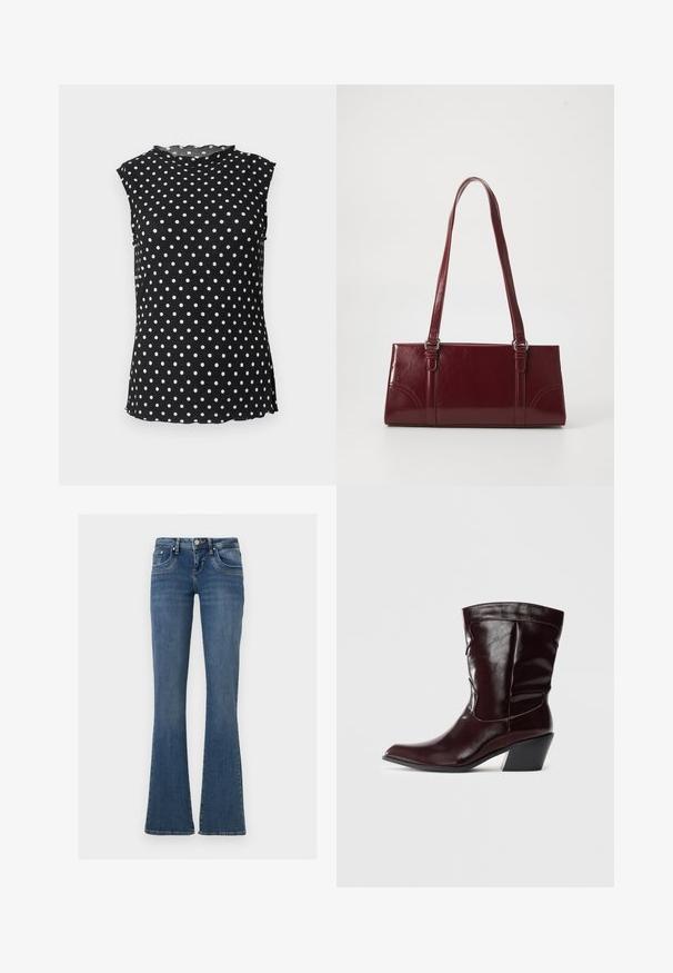 Blouse noire sans manches à pois blancs, col rond haut et bords légèrement ondulés au col et à l'ourlet.; Jean denim bleu à taille mi-haute, style cinq poches, fermeture par bouton et zip, avec jambes évasées sur un fond blanc uni.; Bottines en cuir bourgogne avec un bout pointu, une surface texturée et un petit talon effilé. Présente une couture discrète et un ajustement confortable.; Sac à main bordeaux en matériau brillant, de forme rectangulaire, avec deux anses et des accents légèrement courbés à l'avant.