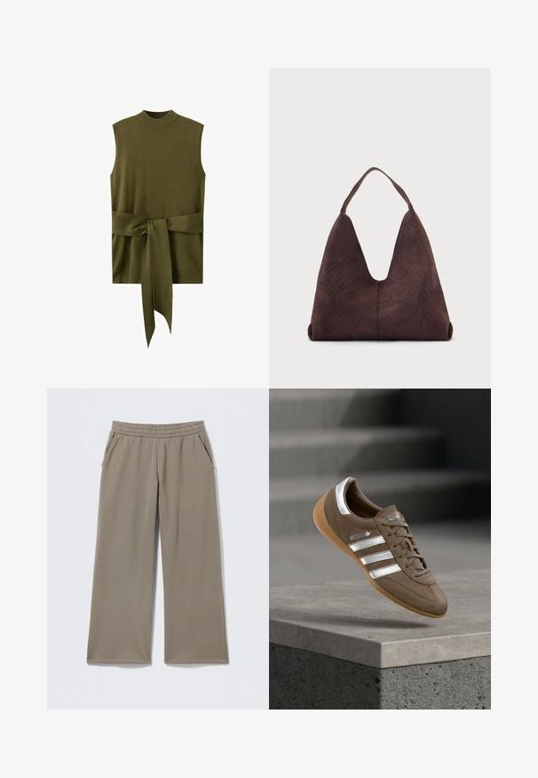 Haut sans manches en maille vert olive avec col montant et large ceinture nouée à la taille.; Pantalons taupe à jambes larges avec taille élastique et poches latérales, posés à plat sur un fond clair.; Baskets en daim marron avec des rayures blanches et des accents argentés, dotées d'une tige texturée, d'un système de laçage et d'une semelle en caoutchouc gomme.; Grand sac à main en cuir marron avec une texture tissée et une seule bandoulière, présenté sur un fond clair uni.