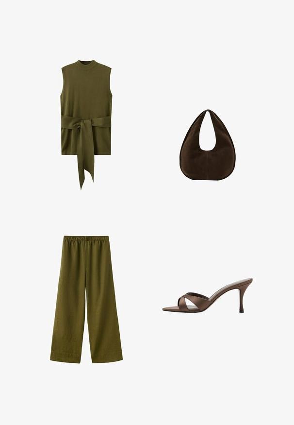Haut sans manches en maille vert olive avec col montant et large ceinture nouée à la taille.; Pantalon à jambes larges vert olive avec ceinture élastique, fabriqué en tissu léger.; Mule marron à bout ouvert avec brides croisées et talon haut fin, présentée sur fond blanc.; Sac à main en daim marron foncé en forme de croissant avec une seule sangle large et une texture lisse sur fond blanc.