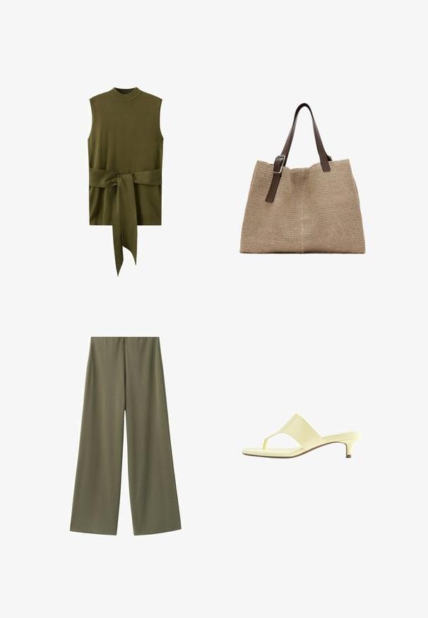 Haut sans manches en maille vert olive avec col montant et large ceinture nouée à la taille.; Pantalon kaki large à taille élastique, tissu lisse et coupe ample et fluide.; Sandale à talon jaune clair avec bride entre les orteils et petit talon kitten, vue de profil sur fond blanc.; Sac cabas tissé beige avec deux bretelles en cuir marron foncé réglables et une boucle argentée sur une des bretelles.