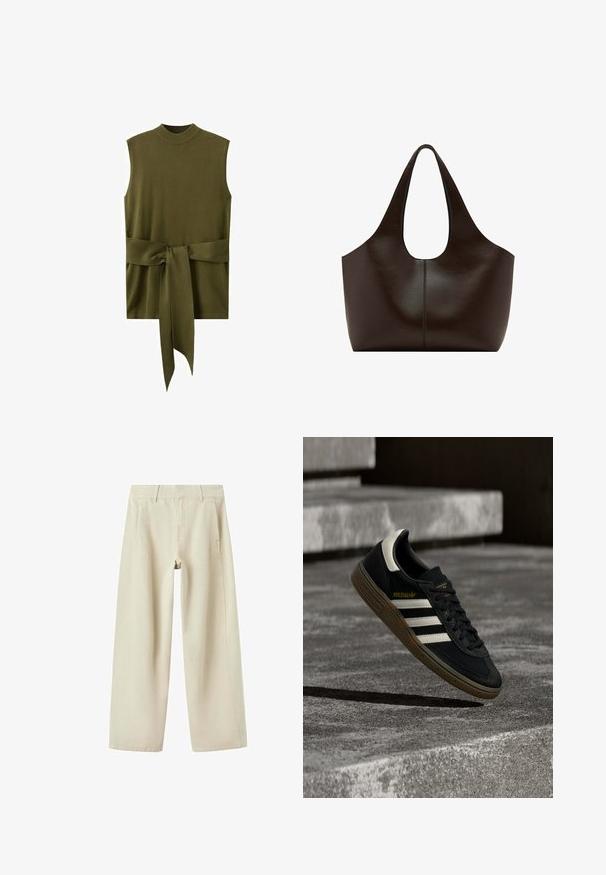 Haut sans manches en maille vert olive avec col montant et large ceinture nouée à la taille.; Pantalon beige à jambes larges avec poches latérales, passants de ceinture et coutures visibles, présenté à plat sur fond blanc.; Baskets Adidas noires avec des bandes blanches et une semelle en gomme flottant au-dessus d'escaliers en béton gris sous une lumière naturelle.; Sac cabas en cuir marron foncé avec larges bretelles et ouverture supérieure arrondie, design simple avec détail de couture centrale.