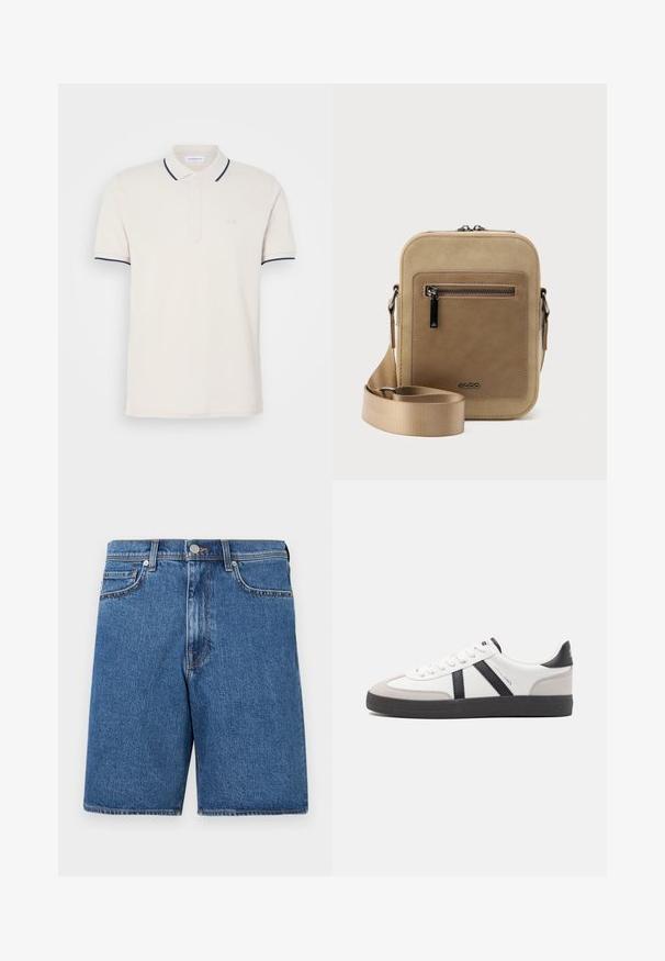 Crème polo shirt met een drieknoopsluiting, korte mouwen en marineblauwe accenten op de kraag en mouwen. Zachte katoenmix stof.; Denim shorts in een medium blauwe tint, met een klassiek vijf-pocket ontwerp, gestikte accenten en een rechte pasvorm.; Witte sneaker met zwarte en grijze accenten, voorzien van een grijze neus met textuur, zwarte rubberen zool en platte witte veters. Schoon ontwerp, minimalistische stijl.; Kleine beige crossbodytas met een voorvak met ritssluiting, metalen ALDO-logo, verstelbare brede band en afgeronde rechthoekige vorm op een witte achtergrond.