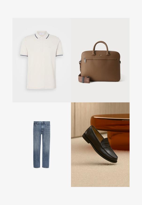 Camisa de polo crema con una tapeta de tres botones, mangas cortas y acentos en color azul marino en el cuello y las mangas. Tejido suave de mezcla de algodón.; Vaqueros de denim azul con pierna recta, bolsillos delanteros, trabillas para cinturón y cierre de botón.; Zapato mocasín de cuero negro suspendido sobre una alfombra beige con muebles modernos de color ámbar en el fondo.; Maletín de cuero marrón con asas superiores, bolsillo delantero con cremallera y correa de hombro a juego desmontable sobre fondo blanco.