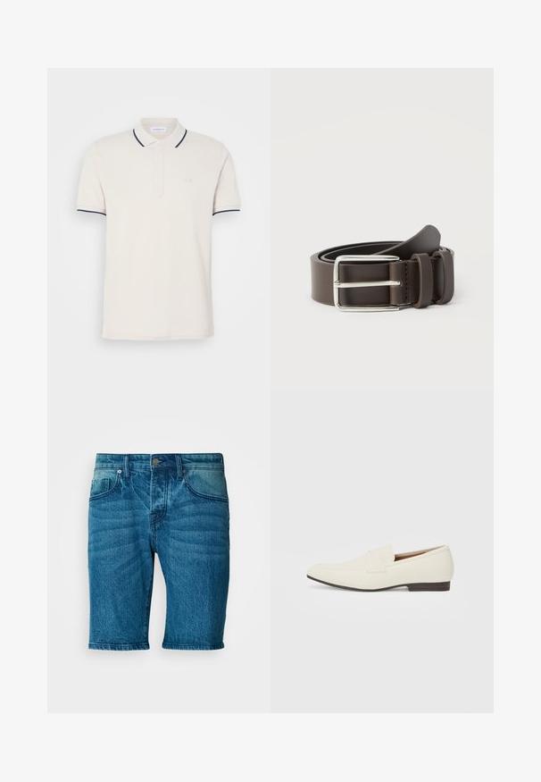 Creme polo shirt med en tre-knap lukning, korte ærmer og marineblå krave- og ærmeaksenter. Blødt bomuldsblandingsstof.; Denim shorts i en medium vask blå. Har en knaplukning, fem lommer, og en subtil falming med en lige benudskæring.; Lys beige loafers med spids tå, glat materiale, en rem over vampen og en lav brun sål. Simpelt design med minimale detaljer.; Brunt læderbælte med spænde i sølvmetal, der har en glat tekstur og et enkelt design. Inkluderer en løkke til justering og fastgørelse.
