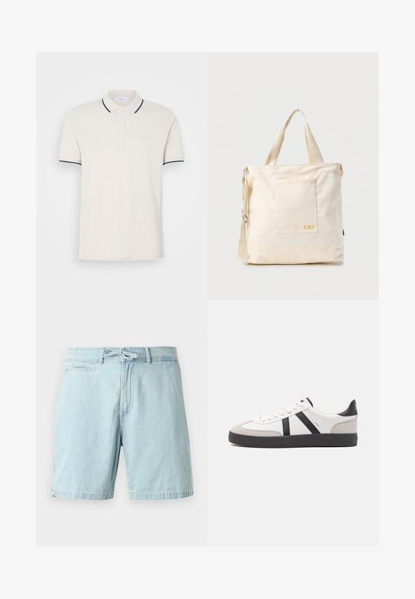 Camisa de polo crema con una tapeta de tres botones, mangas cortas y acentos en color azul marino en el cuello y las mangas. Tejido suave de mezcla de algodón.; Bermudas de mezclilla azul claro con cintura elástica y detalle de lazo, que cuentan con bolsillos laterales y un corte relajado. Textura suave, diseño casual.; Zapatilla blanca con acentos en negro y gris, que presenta una puntera texturizada en gris, suela de goma negra y cordones planos blancos. Diseño limpio, estilo minimalista.; Bolsa tote de lona color crema con bolsillo delantero, dos asas, correa de hombro ajustable y pequeño texto amarillo "O.N.S" en la parte inferior derecha del bolsillo.