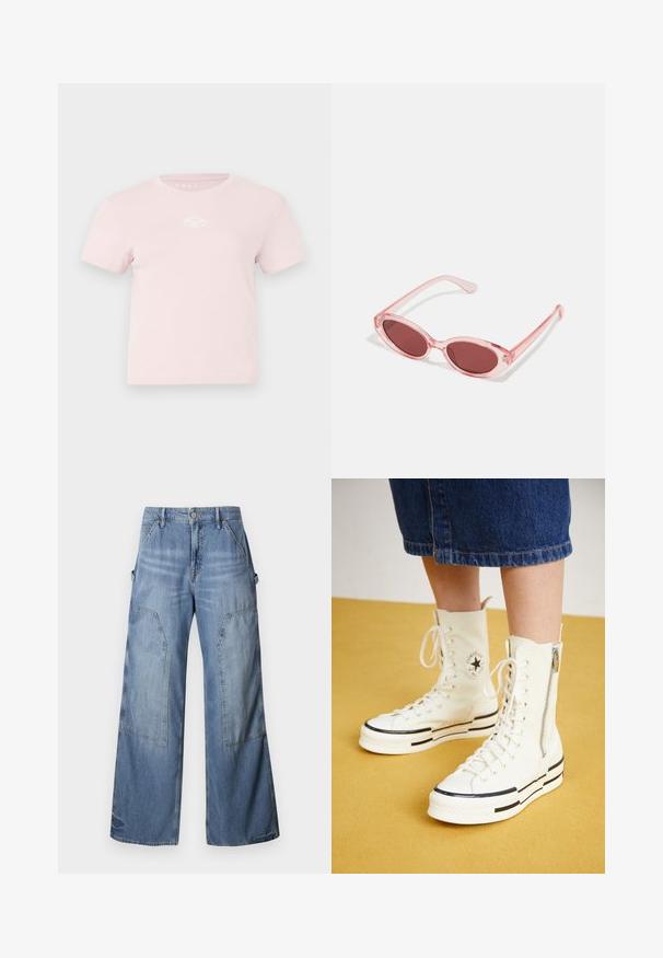 T-shirt en coton rose avec des manches courtes, col rond et un petit logo blanc sur la poitrine. Texture lisse et design décontracté.; Good American GOOD EASE RELAXED - Jean boyfriend - indigo; Baskets montantes blanches avec une fermeture éclair, un design à lacets et des accents de rayures noires sur une semelle épaisse. Matériau en toile texturée.; Lunettes de soleil transparentes roses avec des verres ovales, teintés d'un rouge foncé, et des branches fines, présentant une finition lisse et des détails subtils sur la monture.