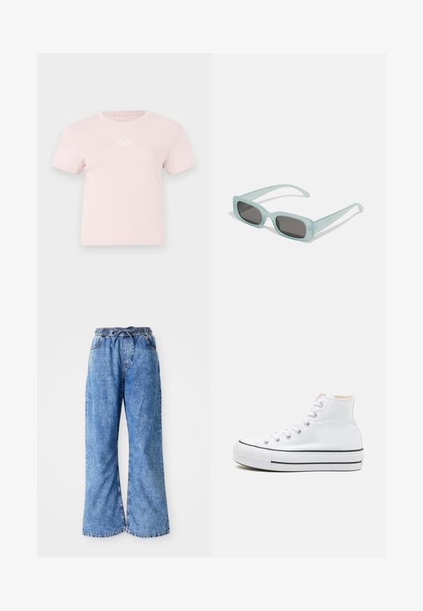 T-shirt en coton rose avec des manches courtes, col rond et un petit logo blanc sur la poitrine. Texture lisse et design décontracté.; Pantalons évasés en denim bleu clair avec une taille élastique et un cordon de serrage. Présente des coutures double piqûre et un ourlet brut. Aucune poche visible.; Baskets montantes blanches en toile, semelle en caoutchouc noir et bande noire contrastante sur la semelle intermédiaire. Bout rond et design à lacets.; Une paire de lunettes de soleil rectangulaires avec des montures translucides bleu clair et des verres gris foncé, présentant des branches droites et des détails matériels minimaux.