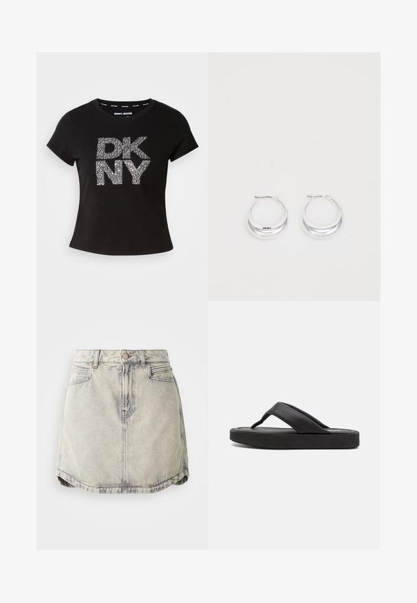 Camiseta negra de manga corta con un logo texturizado en plata metálica "DKNY" en el frente. Hecha de una tela suave con un cuello redondo.; Falda de denim en gris claro con textura desgastada, que cuenta con una cinturilla abotonada, bolsillos frontales y un dobladillo ligeramente curvado.; Chancla negra con una correa ancha en el dedo del pie y una parte superior de material sintético suave. Presenta una suela de goma gruesa con una plantilla texturizada para mayor agarre.; Pendientes de aro de plata con un acabado pulido y la marca DKNY, exhibidos sobre un fondo blanco liso.