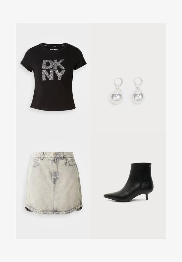 Sort kortærmet t-shirt med et struktureret metalisk sølv "DKNY" logo på forsiden. Fremstillet af blødt stof med en rund halsudskæring.; Denim nederdel i lys grå med en falmet tekstur, der har en knappet talje, forlommer og en let buet sømdesign.; Sort læder ankelstøvle med spids tå og lav kitten hæl på lys baggrund, der viser yderside.; Sølv dråbeøreringe med glatte, runde, reflekterende overflader hængende fra svingelukkede låse. Baggrunden er helt hvid.