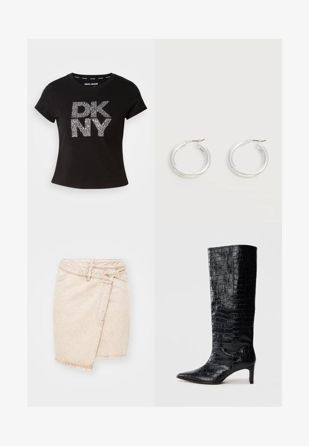 Camiseta negra de manga corta con un logo texturizado en plata metálica "DKNY" en el frente. Hecha de una tela suave con un cuello redondo.; Minifalda de mezclilla beige con un diseño envolvente, que cuenta con un cierre de botón, costuras visibles y una textura ligeramente desgastada.; Botas negras de media caña con textura brillante de patrón de cocodrilo, punta afilada y tacón cónico. Material sintético liso.; Par de pendientes de aro plateados brillantes de tamaño mediano con cierres metálicos finos sobre un fondo neutro claro.