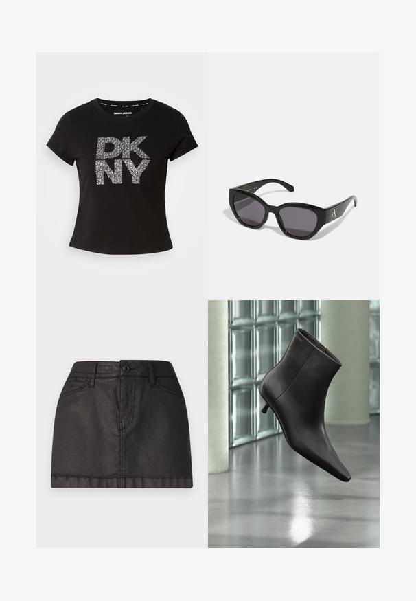 Sort kortærmet t-shirt med et struktureret metalisk sølv "DKNY" logo på forsiden. Fremstillet af blødt stof med en rund halsudskæring.; Sort denim mini nederdel med frontknaplukning, bæltestropper og to forlommer. Glat overflade med subtil glans.; Sort læderankelstøvle med spids tå og lille hæl vist mod en væg af glasblokke og poleret gulv baggrund.; Sorte solbriller med et strømlinet, vinklet design, mørke linser og et kontrasterende sølvlogo på siden. Glat plastoverflade.