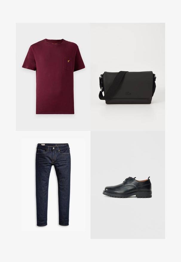 Bordeaux bomulds t-shirt med korte ærmer, rund halsudskæring, brystlomme og et lille gult logo broderet på lommen.; Mørkeblå denimjeans med slim fit, med orange syninger, fem-lomme design og metalhardware. Glat tekstur, ingen mønstre.; Sorte læder derby-sko med en glat overflade, rund tå, snøre-design og en tyk, robust gummisål.; Lacoste MESSENGER BAG MEN CLASSIC - Skuldertasker - noir