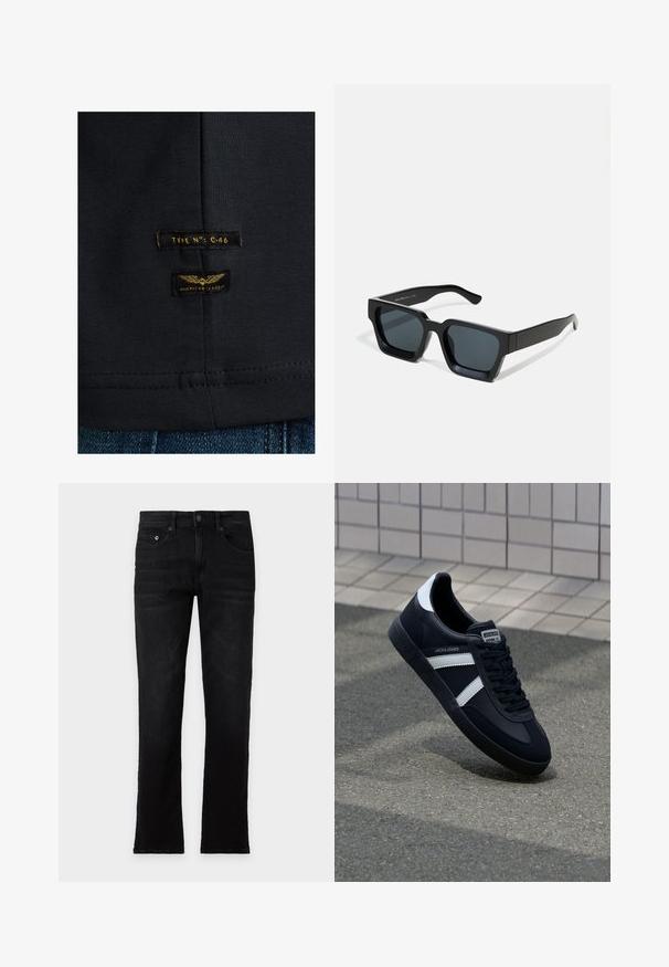 Schwarzes Baumwoll-T-Shirt mit glatter Textur. Verfügt über zwei Etiketten: "TYPE NO: C-46" und "AMERICAN CLASSIC" in Gelb auf dunklem Stoff.; Schwarze Jeans mit geradem Bein, Vorder- und Gesäßtaschen, Knopf- und Reißverschluss, flach auf hellem Hintergrund ausgelegt. Keine sichtbaren Gebrauchsspuren oder Markenkennzeichnung.; Schwarze Leder-Sneaker mit weißen Streifen, strukturiertem Gummisohle und Schnürung. Verfügt über ein Markenetikett auf der Zunge.; Schwarze rechteckige Sonnenbrillen mit dunklen Gläsern. Dickes, glattes Kunststoffgestell mit leicht glänzender Oberfläche und geraden Bügeln.