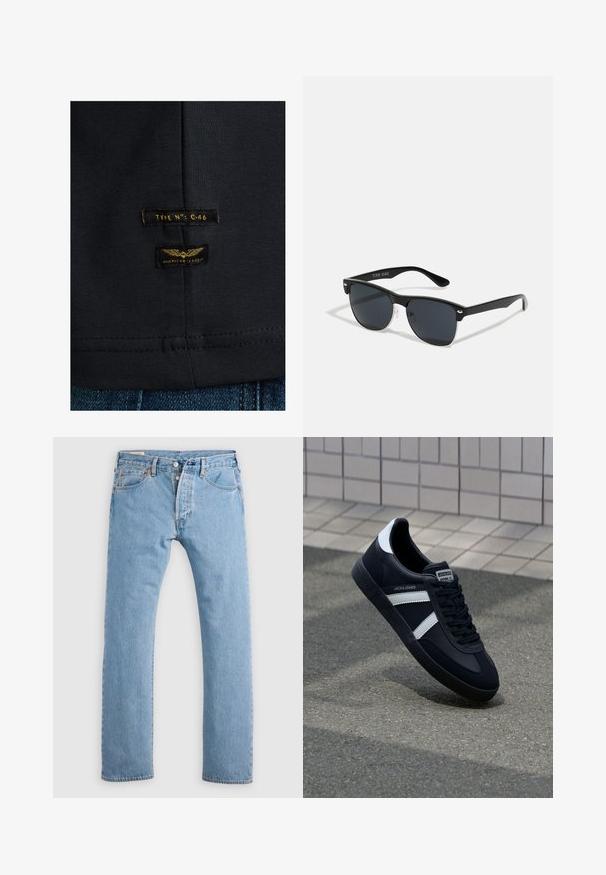 Schwarzes Baumwoll-T-Shirt mit glatter Textur. Verfügt über zwei Etiketten: "TYPE NO: C-46" und "AMERICAN CLASSIC" in Gelb auf dunklem Stoff.; Hellblaue gerade geschnittene Jeans aus Denim mit Knopfverschluss, Gürtelschlaufen sowie Vorder- und Hintertaschen, auf einem weißen Hintergrund präsentiert.; Schwarze Leder-Sneaker mit weißen Streifen, strukturiertem Gummisohle und Schnürung. Verfügt über ein Markenetikett auf der Zunge.; Schwarze Sonnenbrille mit rechteckiger Form, dunklen Gläsern, silbernen Akzenten an den Bügeln und mattierter Oberfläche des Rahmens.