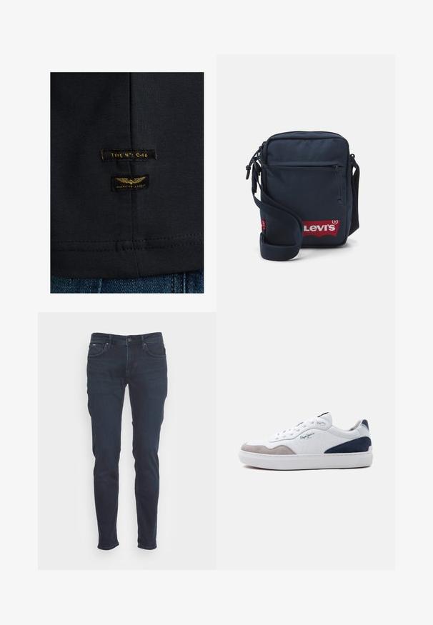 Sort bomulds t-shirt med en glat tekstur. Har to mærker: "TYPE NO: C-46" og "AMERICAN CLASSIC" i gul på mørkt stof.; Mørkeblå jeans i slim fit-design. Fremstillet af denim, med knap- og lynlåslukning, fem lommer og subtile stikninger.; Hvid sneakers med lavt skaft med grå ruskind foran, navy ruskind bagpå, hvide skosnørebånd og "Pepe Jeans"-logo på siden.; Mørkeblå kanvas crossover taske med justerbar rem, rød Levi's logo, lynlåslommer, rektangulær form og struktureret overflade.