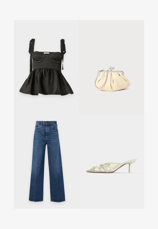 Top peplum noir avec un corsage structuré, décolleté en cœur, tissu texturé et bretelles à nouer ajustables. Jupe évasée ajoutant du volume.; Jean bleu à jambes larges en denim avec taille haute, poches avant et couture contrastante. Le tissu a une texture lisse.; Mule blanche en satin à bout pointu avec des détails froncés et un talon fin de hauteur moyenne sur fond uni.; Pochette en cuir beige plissé avec un cadre en métal argenté, dotée de deux fermoirs ronds décoratifs et d'une chaîne en argent.
