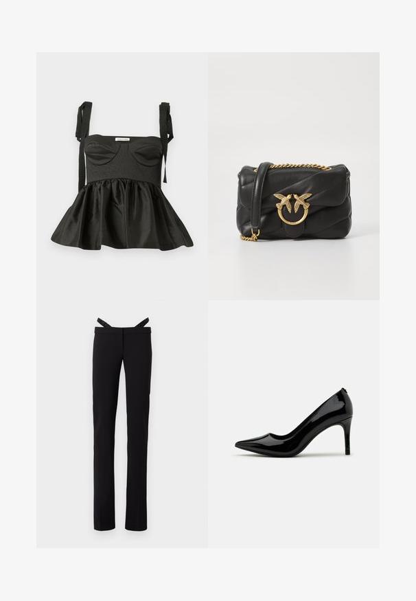 Must valge peplum top, millel on struktureeritud rinnaosa, südamekujuline kaelus, tekstuurne kangas ja reguleeritavad sidumisrihmad. Laienev seelik lisab volüümi.; Mustad sirged püksid, millel on kitsas lõige ja sädelevad mustad ülepüksid, mis on kinnitatud vöökohta, valge tausta ees.; Must have kõrge kontsaga must lakitud nahast king, millel on terav nina ja voolujooneline siluett, omades sujuvat tekstuuri ja minimalistlikku disaini.; Musta nahkne ristiõla kott, millel on tikandivorm ning kuldne ahela rihm ja keskosas silmapaistev linnumotiiviga riistvara. Kompaktne ristkülikukujuline kuju.