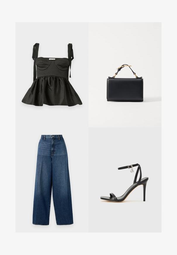 Top peplum noir avec un corsage structuré, décolleté en cœur, tissu texturé et bretelles à nouer ajustables. Jupe évasée ajoutant du volume.; Jeans en denim à jambes larges de couleur bleu foncé. Présentent une taille haute, une fermeture à glissière et une décoloration subtile. Fabriqués à partir d'un tissu en coton texturé.; Sandale à talon haut noire avec une bride étroite à la cheville, bout carré, cuir lisse et accent de boucle métallique.; Sac à main en cuir noir de forme rectangulaire, doté d'une anse supérieure et d'accents en métal doré. Texture lisse, design minimaliste.