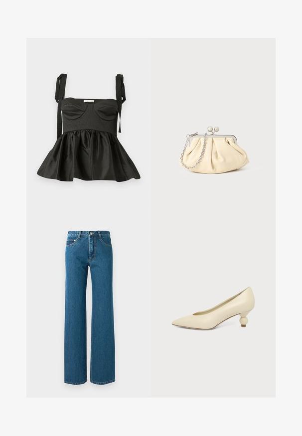 Top peplum noir avec un corsage structuré, décolleté en cœur, tissu texturé et bretelles à nouer ajustables. Jupe évasée ajoutant du volume.; Jean large en denim bleu moyen, avec une taille haute, cinq poches et une couture contrastante sur les coutures. Tissu texturé.; Chaussure femme couleur crème à bout pointu avec un petit talon rond en forme de boule, sur fond uni.; Pochette en cuir beige plissé avec un cadre en métal argenté, dotée de deux fermoirs ronds décoratifs et d'une chaîne en argent.