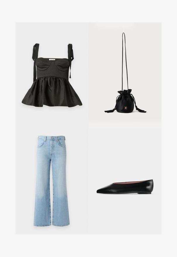 Top peplum noir avec un corsage structuré, décolleté en cœur, tissu texturé et bretelles à nouer ajustables. Jupe évasée ajoutant du volume.; Jean flare en denim bleu clair avec une taille haute, cinq poches et un léger dégradé près de l'ourlet. Dispose d'une ceinture standard et d'une fermeture à bouton.; Chaussure plate en cuir noir pour femme, avec bout pointu et petit talon, vue de côté sur un fond gris clair uni.; Sac seau noir à cordon avec une longue sangle fine et un petit logo carré doré sur le devant, présenté sur un fond uni.