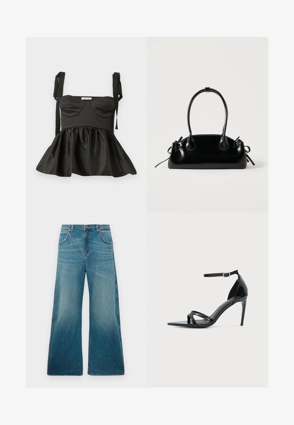 Čierny peplum top so štruktúrovaným telom, výstrihom do srdca, textúrovanou látkou a nastaviteľnými šnúrkami na ramienkach. Rozšírená sukňa pridáva objem.; Džínsy s vysokým pásom modrej farby, široké nohavice, predné vrecká, zapínanie na gombík a vyblednutý farebný gradient od pásu po lem.; Čierne lakované kožené sandále na vysokom podpätku s tenkým remienkom okolo členku, otvorenou špičkou a minimalistickým dizajnom na jednoliatom svetlom pozadí.; Malá čierna lesklá kabelka s dvoma dlhými rúčkami a bočnými šnúrkovými detailmi na jednoduchom svetlom pozadí.