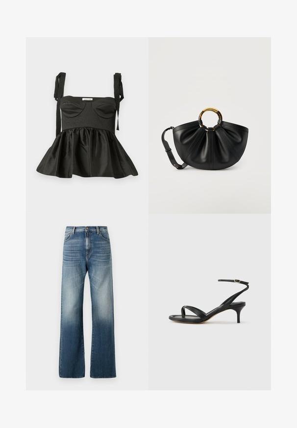 Must valge peplum top, millel on struktureeritud rinnaosa, südamekujuline kaelus, tekstuurne kangas ja reguleeritavad sidumisrihmad. Laienev seelik lisab volüümi.; Laiad sinised denim püksid pleekinud viimistlusega, sisseehitatud nööbiga sulgemine ja traditsiooniline viis taskut. Ühtlane tekstuur kogu ulatuses.; Mustast nahast naiste sandaal õhukeste rihmadega, varbaringi, pahkluu pandlaga ja keskmise kõrgusega kitsekontsaga neutraalsel taustal.; Mustast nahast käekott laiade volditud külgedega, kilpkonnamustriliste ringikujuliste käepidemete ja reguleeritava õlarihmaga neutraalsel taustal.