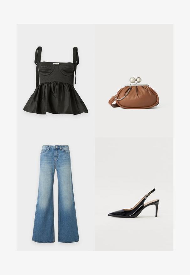 Top peplum noir avec un corsage structuré, décolleté en cœur, tissu texturé et bretelles à nouer ajustables. Jupe évasée ajoutant du volume.; Jean en denim bleu à taille haute et jambes larges, avec poches avant, passants de ceinture, bouton et fermeture éclair.; Pompe slingback en cuir verni noir avec un bout pointu, un talon fin et un design de découpes subtil. Elle dispose d'une boucle dorée sur la sangle.; Pochette en cuir marron avec un fermoir à boule en argent et un petit détail en chaîne argentée sur fond blanc.