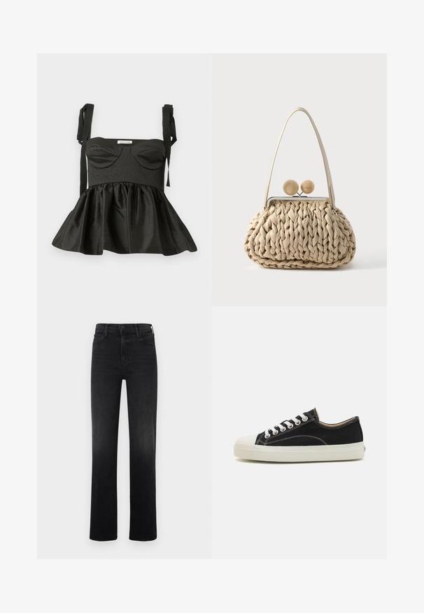 Must valge peplum top, millel on struktureeritud rinnaosa, südamekujuline kaelus, tekstuurne kangas ja reguleeritavad sidumisrihmad. Laienev seelik lisab volüümi.; Mustad sirgedega teksaseel mustad sirged püksid. Omavad klassikalist viie tasku disaini, lukuga lend ja nööbiga sulgemine. Sile tekstuur.; Mustad musta kangast sneakerid valgete kummitaldade ja lipsudega, kontrastõmblustega ning ümarate varvaste disainiga klassikalise ilme saavutamiseks.; Beežist punutud käekott pakse punutud tekstuuriga, ühe õlarihma ja kahe ümarast beežist kuuliga kaunistatud metallkinnitusega.