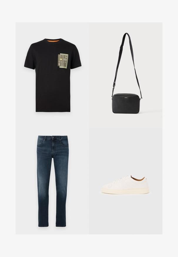 Zwarte katoenen t-shirt met een ronde hals en korte mouwen. Beschikt over een groen zakontwerp met bedrukte tekst en patronen.; Heren donkerblauwe slim-fit jeans met een voorste knoop, rits, vijf zakken en een lichte vervaging op de dijen en knieën.; Witte lage sneaker met vetersluiting, minimale stikdetails en een crèmekleurige zool op een lichtgrijze achtergrond.; Zwarte rechthoekige crossbodytas met verstelbare band en BOSS-logo aan de voorkant, tegen een effen lichte achtergrond.