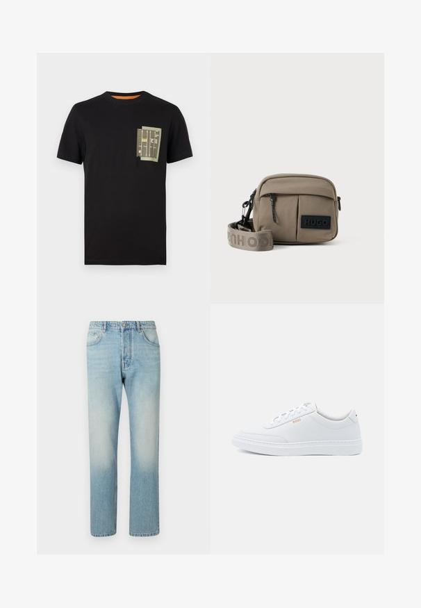 Zwarte katoenen t-shirt met een ronde hals en korte mouwen. Beschikt over een groen zakontwerp met bedrukte tekst en patronen.; Lichtblauwe jeans van denim, met een rechte pijpdesign, vijf zakken en een vervaagde was-effect op de dijen.; Witte leren sneakers met een gladde textuur, ronde neus en tonale stiksels. Voorzien van blauwe veters en een gouden logo op de zijkant.; Khaki nylon schoudertas met twee ritszakken aan de voorkant, verstelbare schouderriem en een zwart logo-etiket aan de voorkant. Soepele textuur.