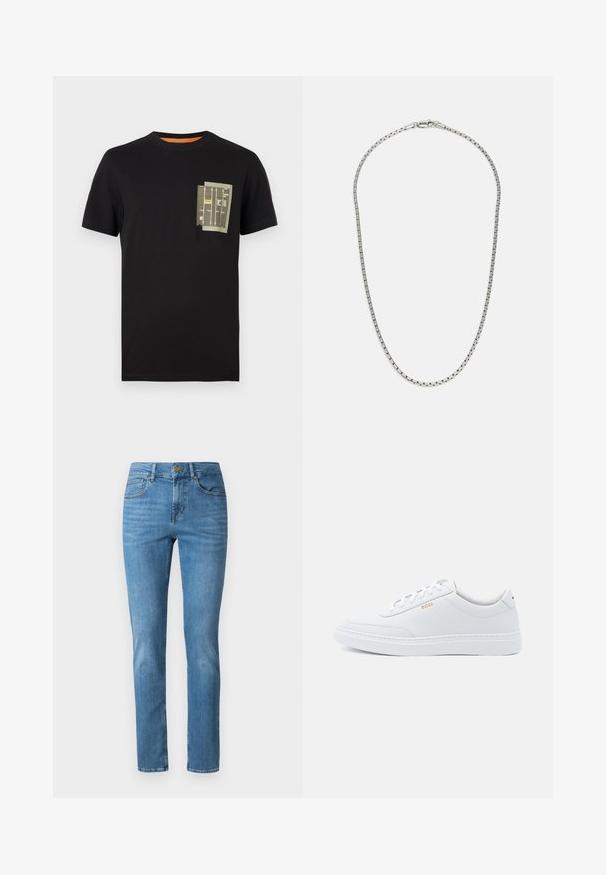 Zwarte katoenen t-shirt met een ronde hals en korte mouwen. Beschikt over een groen zakontwerp met bedrukte tekst en patronen.; Lichtblauwe denim jeans met een recht model, vijf zakken, een knoopsluiting en subtiele stiksels.; Witte leren sneakers met een gladde textuur, ronde neus en tonale stiksels. Voorzien van blauwe veters en een gouden logo op de zijkant.; Zilveren ketting met een afwisselend schakeldesign. Bevat platte, rechthoekige schakels en een veilige sluiting, met een soepele textuur overal.