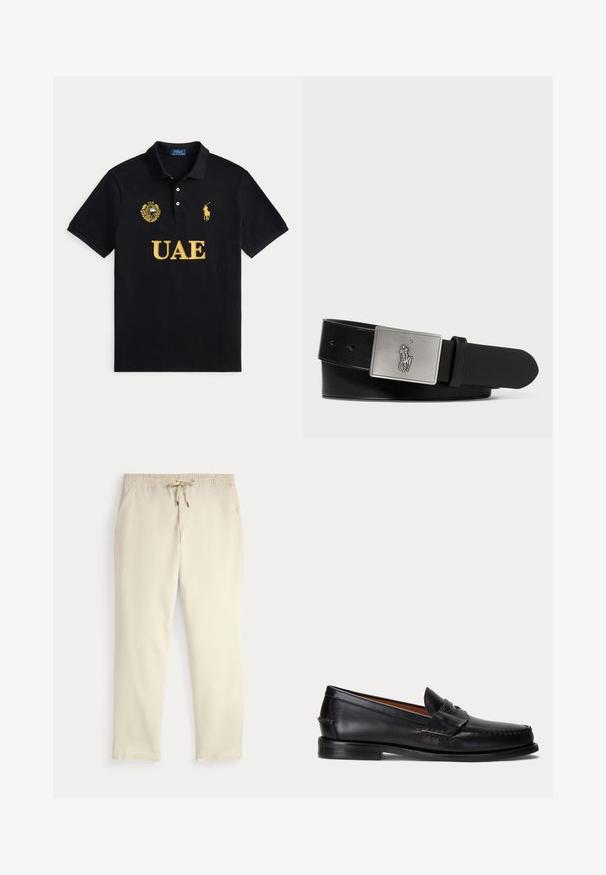 Polo negro con texto amarillo de los EAU, emblema de los EAU en el pecho izquierdo y logo amarillo de jugador de polo Ralph Lauren en el pecho derecho.; Pantalones casuales color blanco roto con cinturilla elástica y cordón, piernas rectas y bolsillos laterales sobre un fondo liso.; Mocasín negro de cuero con tacón bajo y detalle de correa para moneda, mostrado de lado sobre un fondo gris claro.; Cinturón de cuero negro con una hebilla rectangular de metal plateado que presenta un logo de jinete en relieve, textura suave y cinco agujeros.