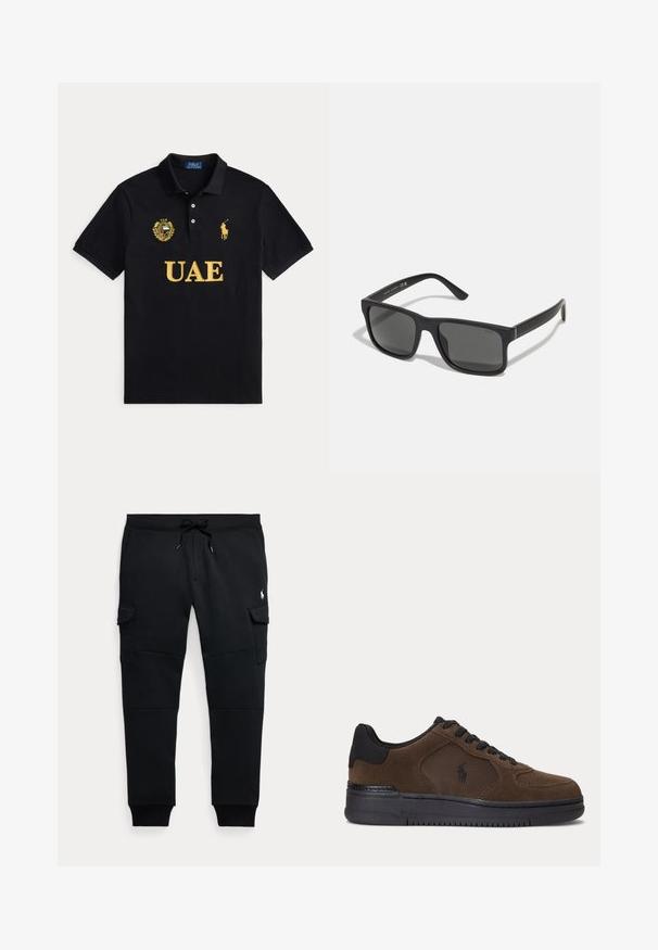 Polo noir avec texte jaune UAE, emblème UAE sur la poitrine gauche et logo joueur de polo Ralph Lauren jaune sur la poitrine droite.; Pantalon jogger cargo noir avec taille à cordon, poches latérales à rabat, poignets côtelés et petit logo blanc joueur de polo sur la cuisse droite.; Baskets basses marron foncé avec semelle noire, lacets noirs et panneau latéral en mesh avec un petit logo noir.; Lunettes de soleil rectangulaires noires avec des verres sombres et une finition mate. Possède un logo "POLO" en relief sur les branches et un design de cadre robuste.
