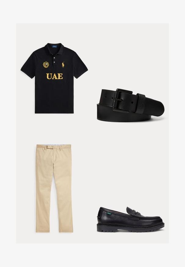 Polo noir avec texte jaune UAE, emblème UAE sur la poitrine gauche et logo joueur de polo Ralph Lauren jaune sur la poitrine droite.; Pantalon beige à jambes droites avec passants de ceinture et braguette zippée à l'avant, posé à plat sur un fond blanc.; Mocassin en cuir noir avec une semelle épaisse à crampons et une petite étiquette verte "Polo" sur le côté extérieur, près du talon.; Ceinture en cuir noir avec une boucle rectangulaire noire et un logo embossé sur la boucle, roulée sur un fond clair uni.