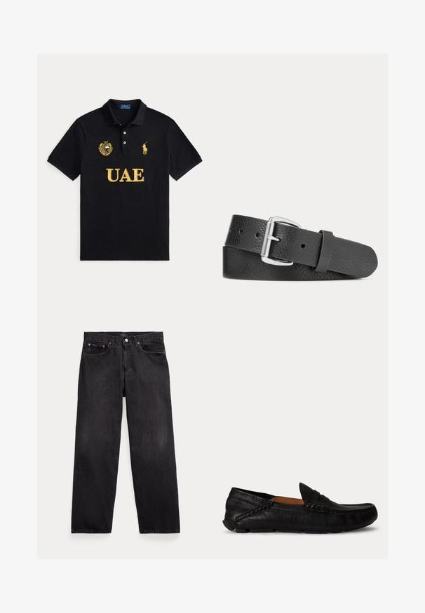 Polo negro con texto amarillo de los EAU, emblema de los EAU en el pecho izquierdo y logo amarillo de jugador de polo Ralph Lauren en el pecho derecho.; Vaqueros negros de corte recto con cinco bolsillos, cierre de botón y remaches metálicos visibles en los bolsillos delanteros.; Mocasín negro de cuero sin cordones con puntera redondeada y detalles cosidos a lo largo de los laterales y la parte superior, mostrado de lado sobre un fondo blanco.; Cinturón de cuero negro con textura y hebilla de metal plateado, colocado plano sobre un fondo claro.
