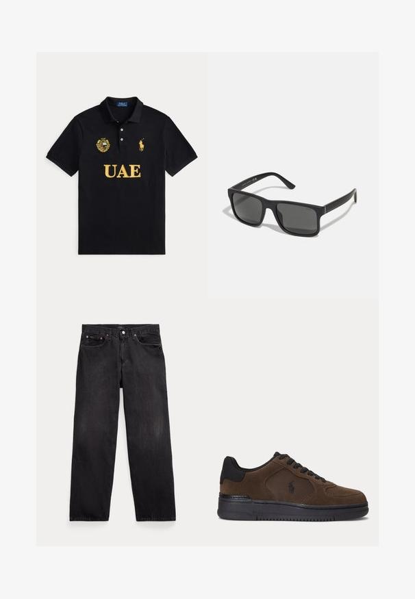 Polo noir avec texte jaune UAE, emblème UAE sur la poitrine gauche et logo joueur de polo Ralph Lauren jaune sur la poitrine droite.; Jean droit noir en denim avec cinq poches, fermeture par boutons et rivets métalliques visibles sur les poches avant.; Baskets basses marron foncé avec semelle noire, lacets noirs et panneau latéral en mesh avec un petit logo noir.; Lunettes de soleil rectangulaires noires avec des verres sombres et une finition mate. Possède un logo "POLO" en relief sur les branches et un design de cadre robuste.