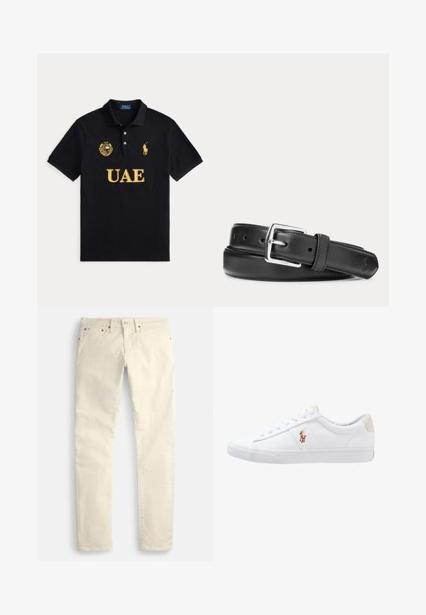 Polo noir avec texte jaune UAE, emblème UAE sur la poitrine gauche et logo joueur de polo Ralph Lauren jaune sur la poitrine droite.; Pantalon beige clair à jambes droites en tissu texturé. Dispose de cinq poches et de ferrures métalliques marron. Aucun motif ou accent visible.; Baskets en toile blanches avec un design basse, présentant un onglet de talon beige et un petit logo brodé sur le côté. Semelle en caoutchouc.; Ceinture en cuir noir avec boucle rectangulaire argentée, roulée sur un fond blanc, avec un logo embossé subtil à l'extrémité.