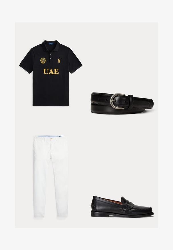 Polo noir avec texte jaune UAE, emblème UAE sur la poitrine gauche et logo joueur de polo Ralph Lauren jaune sur la poitrine droite.; Chinos en coton blanc coupe slim, dotés d'une fermeture à un bouton doré et d'une ceinture intérieure bleu clair. Texture lisse sans motifs.; Mocassin en cuir noir avec un petit talon et une bride penny, vu de côté sur un fond gris clair.; Ceinture en cuir noir avec boucle ovale argentée, bords cousus et petit logo embossé près de la pointe effilée, posée enroulée sur un fond blanc.