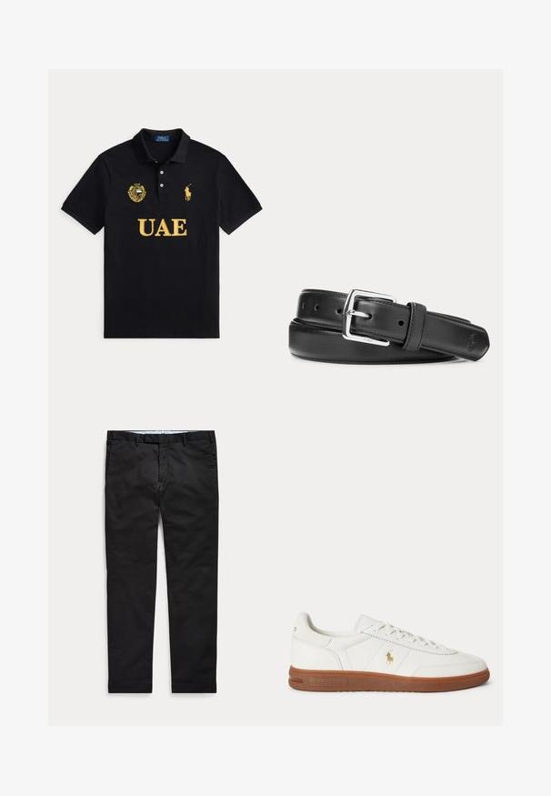 Polo noir avec texte jaune UAE, emblème UAE sur la poitrine gauche et logo joueur de polo Ralph Lauren jaune sur la poitrine droite.; Pantalon slim noir pour homme avec passants de ceinture et poches avant, étalé à plat sur un fond clair.; Baskets basses blanches avec semelle marron, lacets à l'avant, et petit logo doré Polo Ralph Lauren sur le côté.; Ceinture en cuir noir avec boucle rectangulaire argentée, roulée sur un fond blanc, avec un logo embossé subtil à l'extrémité.