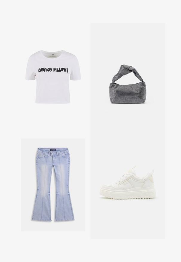 T-shirt en coton blanc à manches courtes arborant un texte noir audacieux "COWBOY PILLOWS" sur le devant. Encolure ronde avec une coupe classique.; Jean évasé bleu clair avec poches avant et arrière, fermeture à double bouton et coutures visibles sur toute la surface.; Baskets en cuir blanc avec une semelle épaisse, design à lacets et branding subtil. Présentent une texture lisse et un bout arrondi.; Sac à main noir et argent avec une surface texturée affichant un motif en diamant, une anse nouée et une forme structurée.