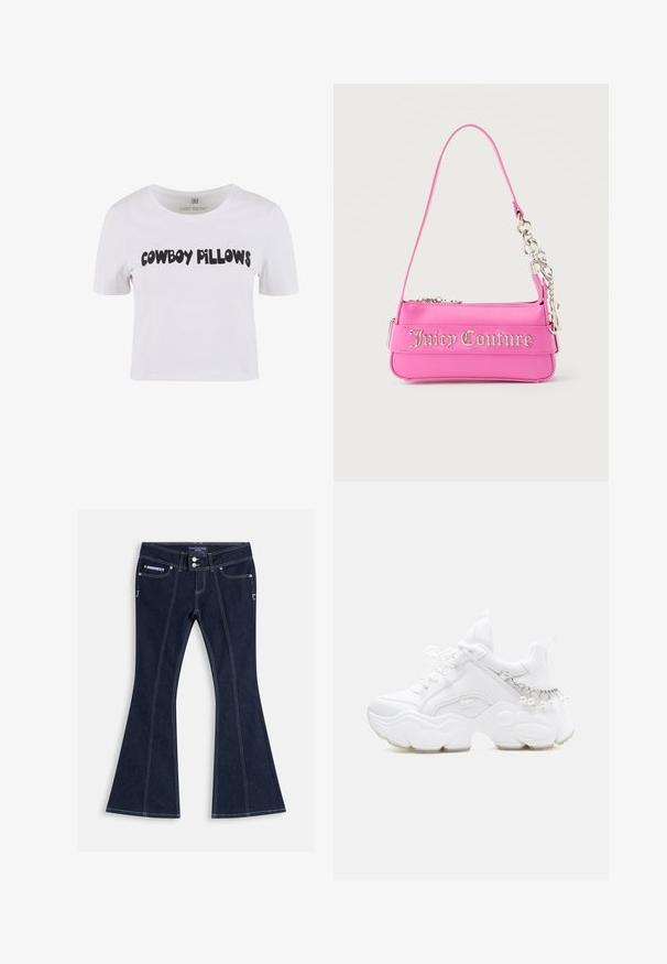 Hvid bomulds t-shirt med kortærmer, der har fed sort tekst "COWBOY PILLOWS" på forsiden. Rund halsudskæring med en klassisk pasform.; Juicy Couture Flared jeans - blue; Hvid chunky sneaker med tyk sål, snørelukning foran og kædedetalje med hængende perler på hælen.; Lille lys pink Juicy Couture håndtaske med sølvkædedetalje og logotekst på forsiden, enkelt smalt skulderrem.