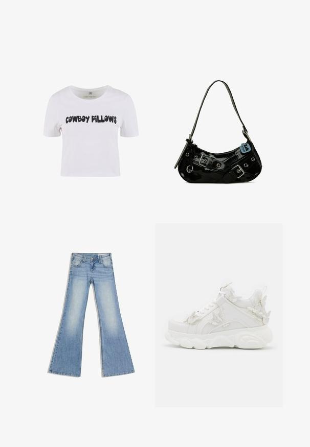 T-shirt en coton blanc à manches courtes arborant un texte noir audacieux "COWBOY PILLOWS" sur le devant. Encolure ronde avec une coupe classique.; Jean en denim bleu clair à taille haute, poches avant et jambes larges évasées, posé à plat sur un fond blanc.; Baskets blanches épaisses avec une semelle épaisse et des accents décoratifs de papillons en 3D sur le côté, les lacets et le talon.; Sac à main en cuir verni noir avec une forme incurvée, présentant des ferrures en argent, des boucles décoratives et une bandoulière courte. Étiquette bleue attachée.