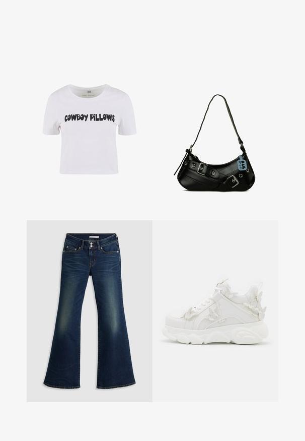 Hvid bomulds t-shirt med kortærmer, der har fed sort tekst "COWBOY PILLOWS" på forsiden. Rund halsudskæring med en klassisk pasform.; Mørkeblå denim superlow flare jeans med for- og baglommer, dobbelt knappelukning og slidte detaljer på lår og knæ.; Hvid chunky sneaker med tyk sål og dekorative 3D sommerfugle detaljer på siden, snørebånd og hæl.; Sort syntetisk håndtaske med en buet form, justerbar rem og dekorative metalspænder. Har en glat, blank tekstur.