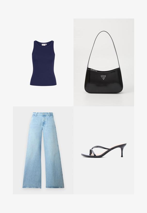 Námornícky modrý rebrovaný tielko s okrúhlym výstrihom a slim fit strihom. Má mäkkú textúru a žiadne viditeľné hardvérové prvky alebo vzory.; Svetlo modré džínsy s širokými nohavicami vyrobené z denimu, s vysokým pásom, s gombíkovým zapínaním a piatimi vreckami. Hladká textúra s ležérnym strihom.; Čierna sandála na podpätku z lakovanej kože s tenkými prekríženými remienkami a úzkym stredne vysokým ihličkovým podpätkom na bielom pozadí.; Čierna lesklá kožená taška na rameno s zakriveným tvarom, s farebným strieborným trojuholníkovým logom a zipsom. Hladký povrch a úzky popruh.